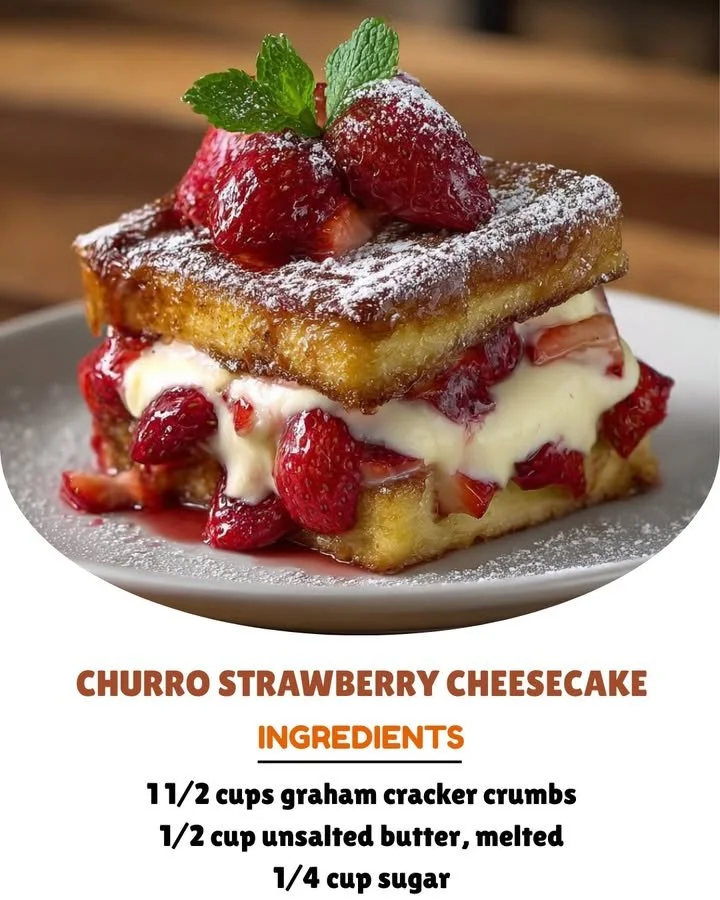 Churro strawberry cheesecake with a cinnamon-sugar crust and fresh strawberries