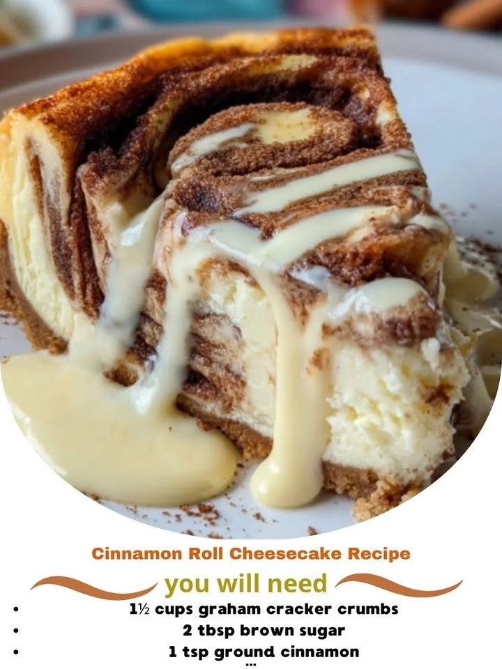 A delicious cinnamon roll cheesecake topped with caramel drizzle and cinnamon