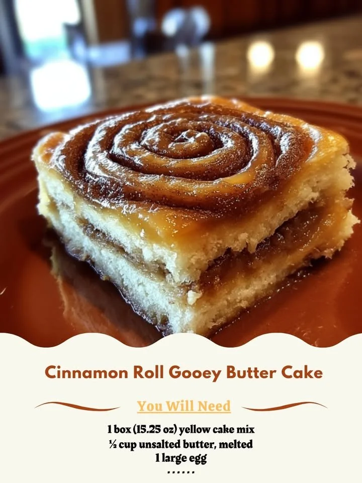 Delicious cinnamon roll gooey butter cake with a rich, sticky topping