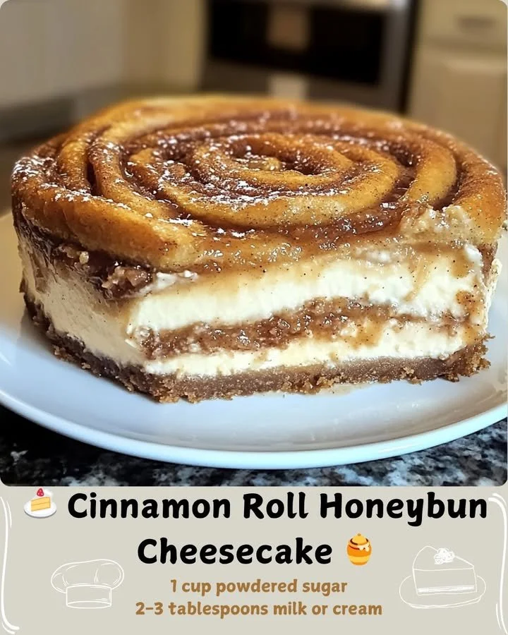 Delicious cinnamon roll cheesecake with honeybun swirl on a plate