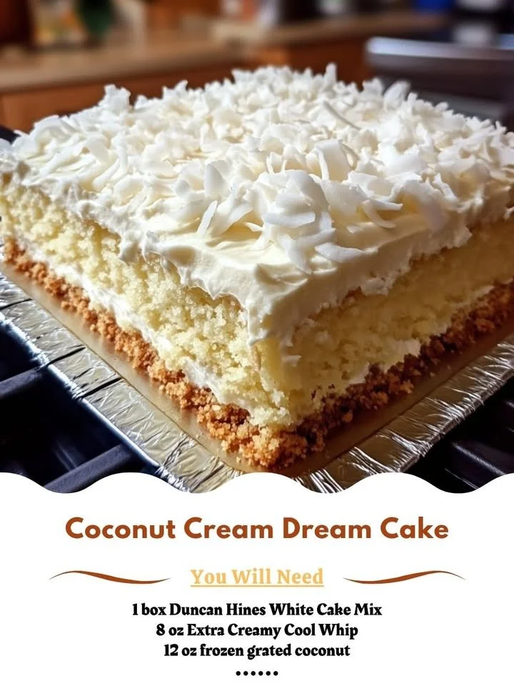 Delicious Coconut Cream Cake topped with coconut flakes and creamy frosting