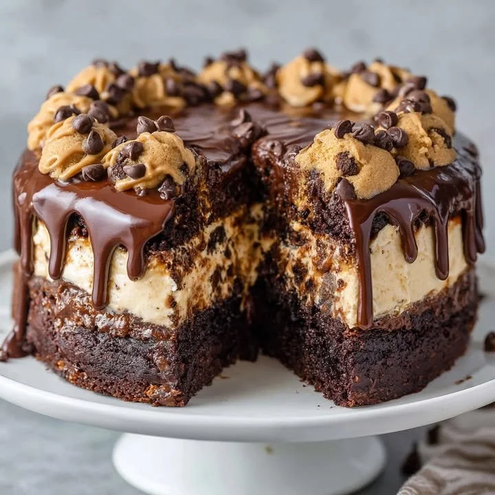 Delicious Cookie Dough Brownie Cake topped with cookie dough pieces and chocolate drizzle.