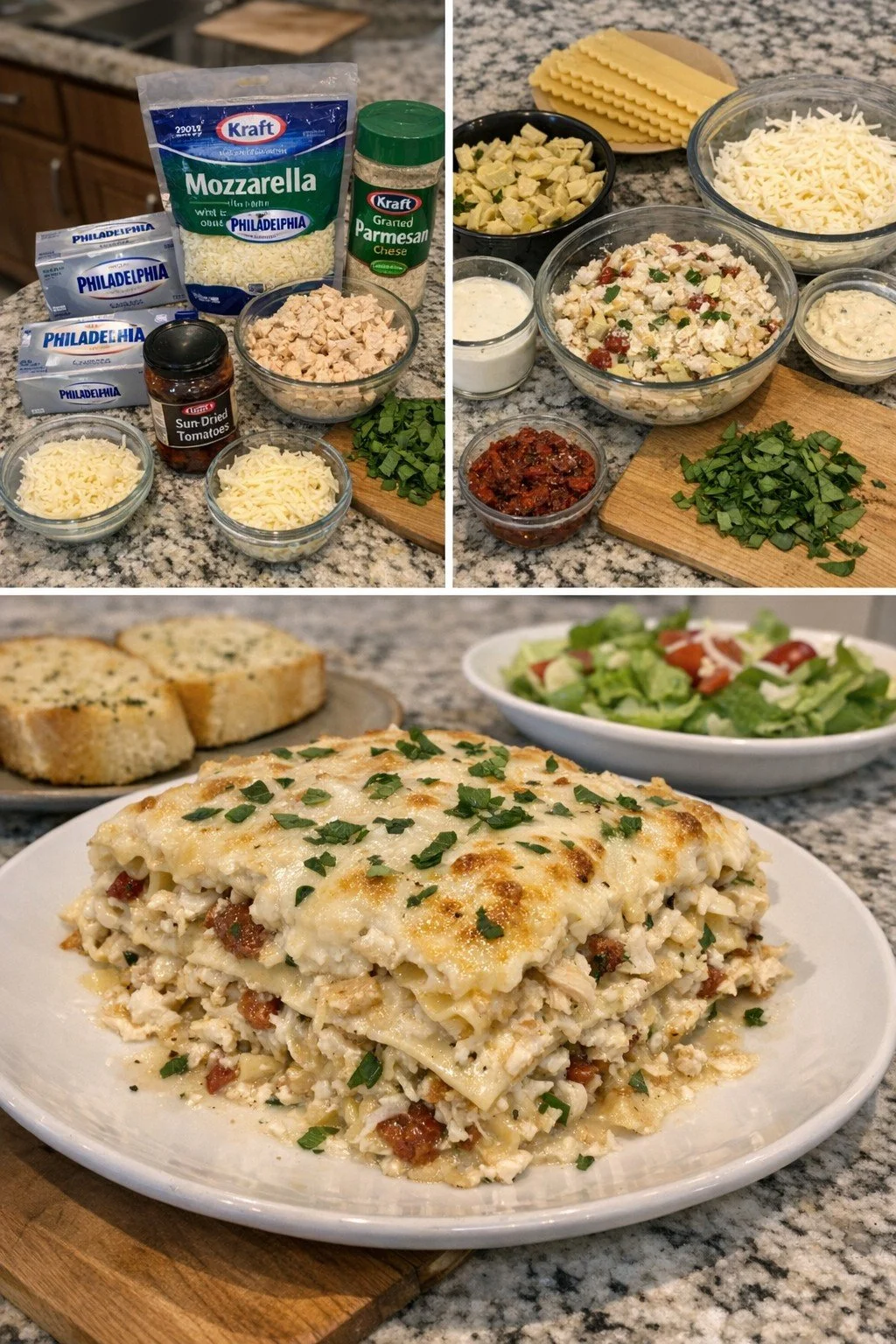Creamy Chicken Alfredo Lasagna with layers of pasta, chicken, and Alfredo sauce