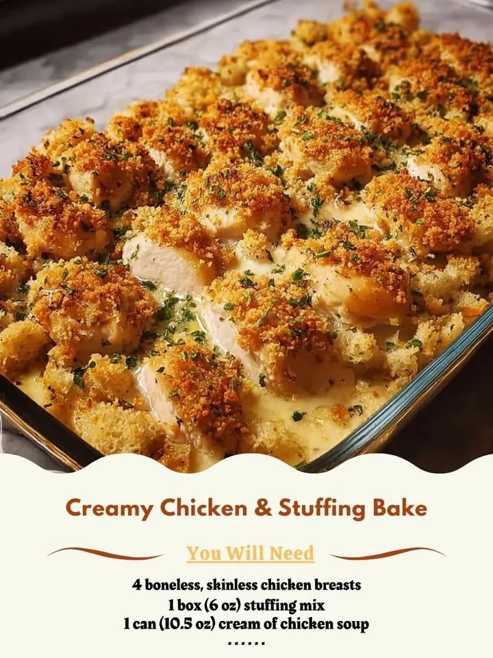 Creamy chicken stuffing bake - a comforting one-dish meal.
