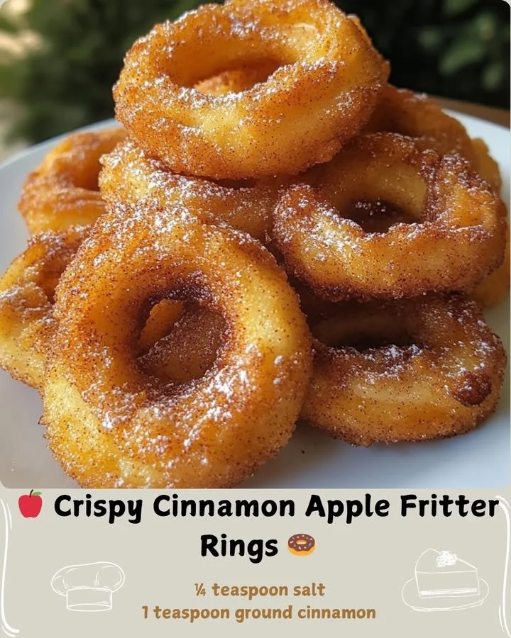 Crispy cinnamon apple fritter rings served fresh on a plate