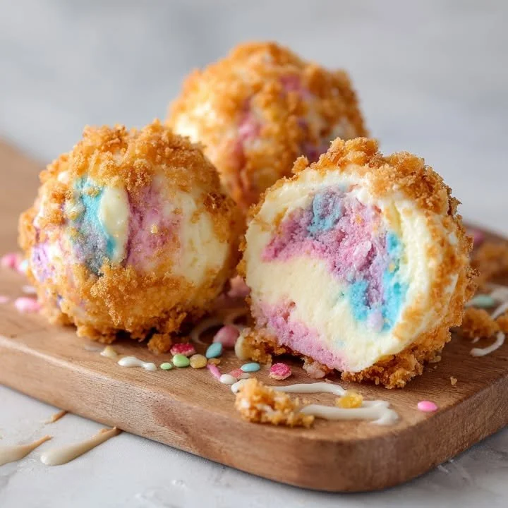 Crispy Cotton Candy Cheesecake Bombs with sweet cotton candy and creamy cheesecake