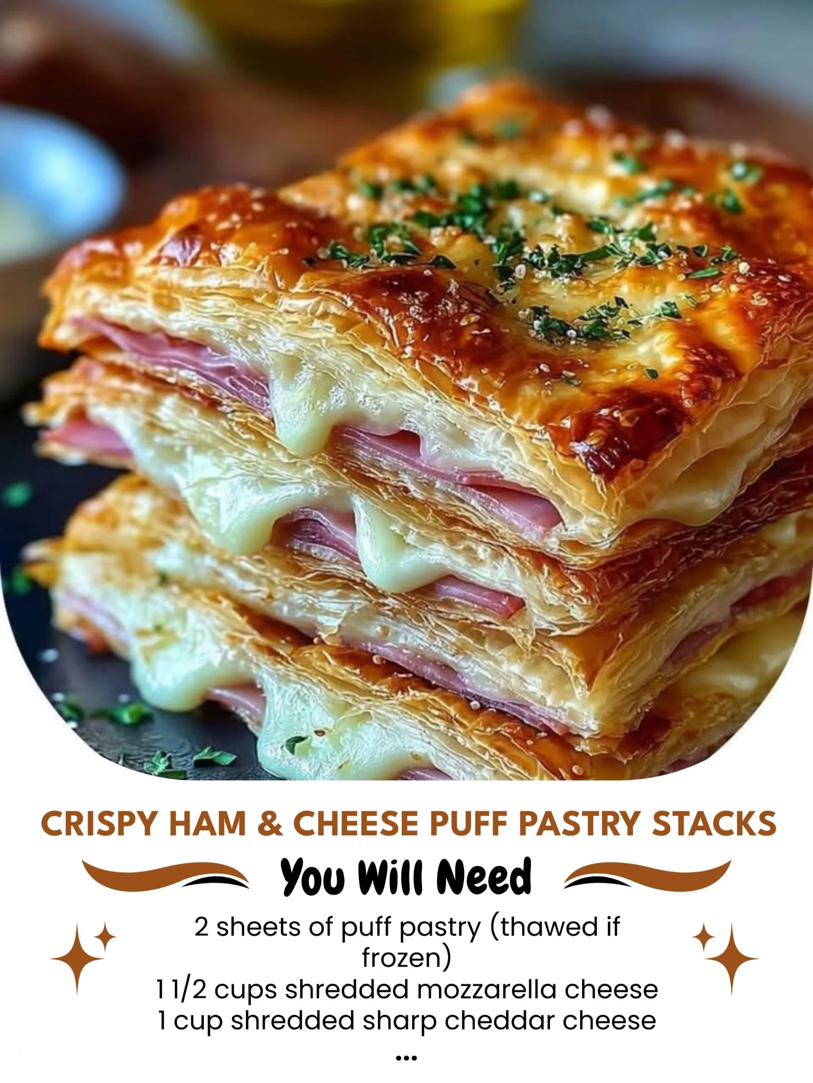 Crispy ham and cheese puff pastry stacks on a serving plate.