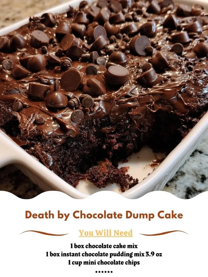 Death by Chocolate Dump Cake topped with chocolate shavings and whipped cream.