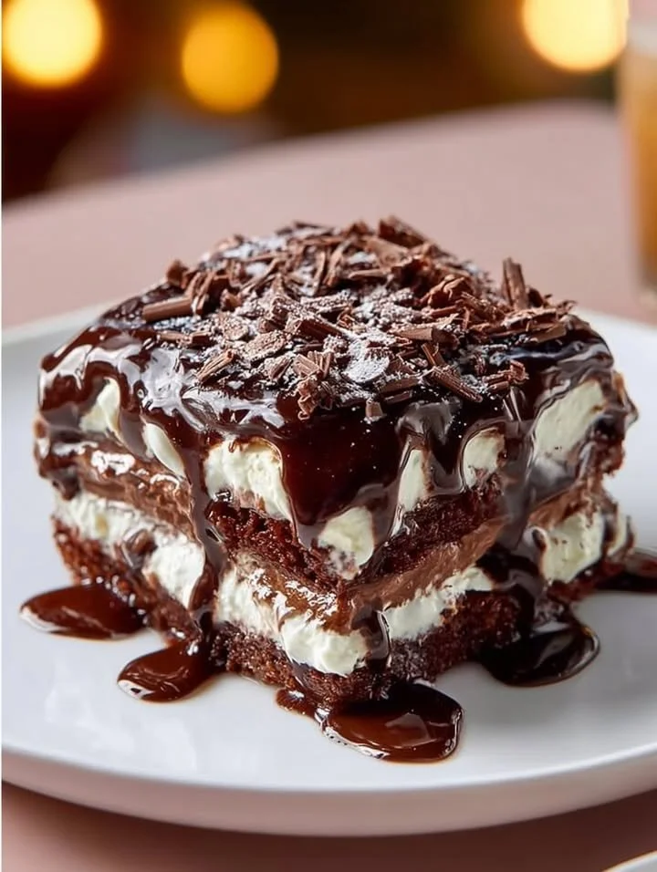 Decadent brownie lasagna layered with brownies, cream filling, and chocolate toppings.