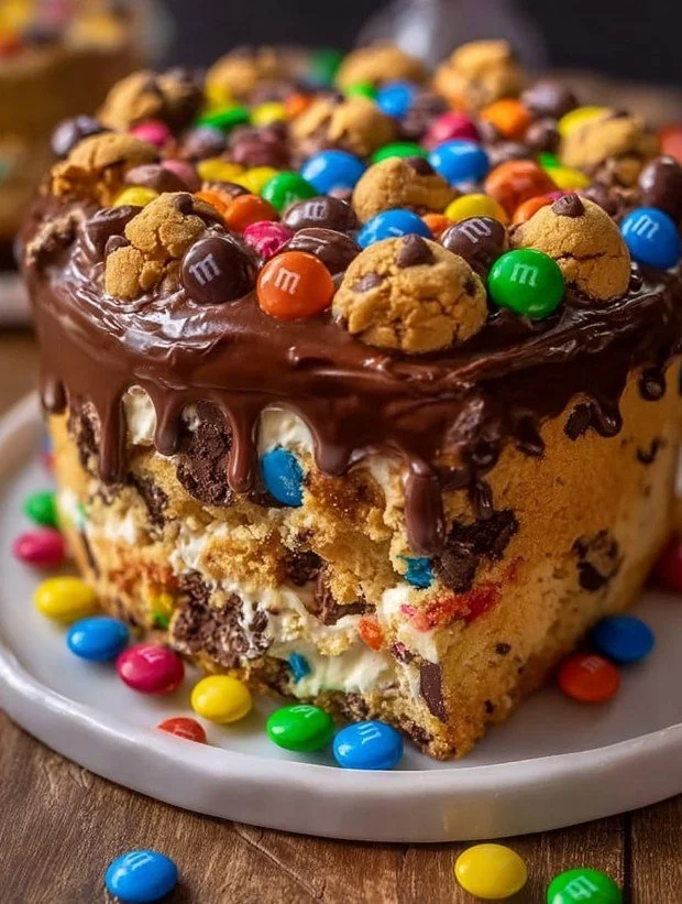 Decadent Chocolate M&M's Ice Cream Cake with cookie dough layers