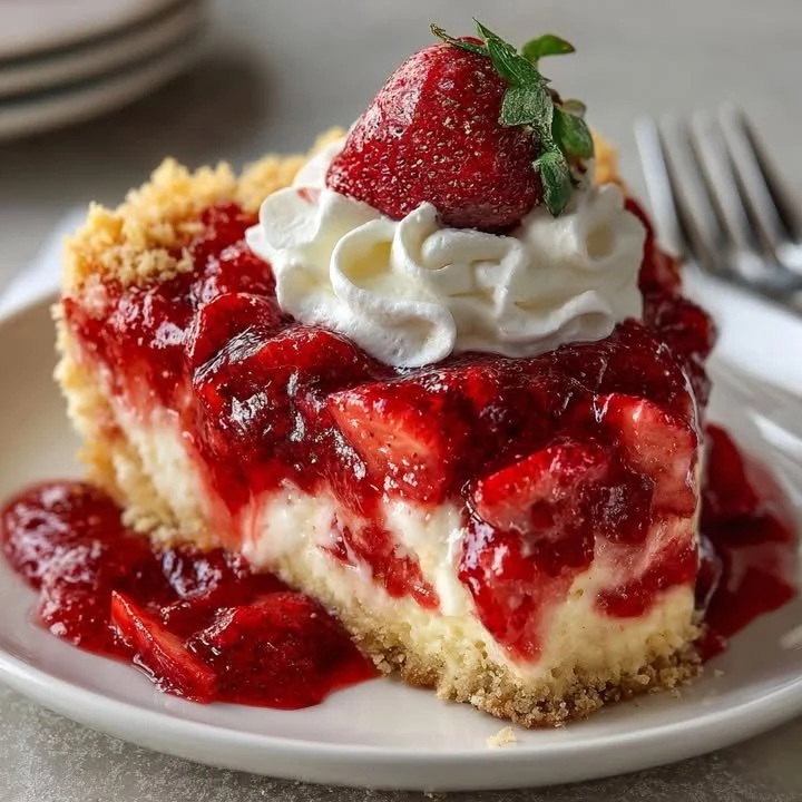 Delicious strawberry cheesecake dump cake topped with fresh strawberries