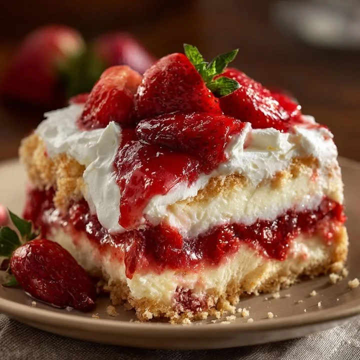 Strawberry cheesecake dump cake topped with strawberries and whipped cream