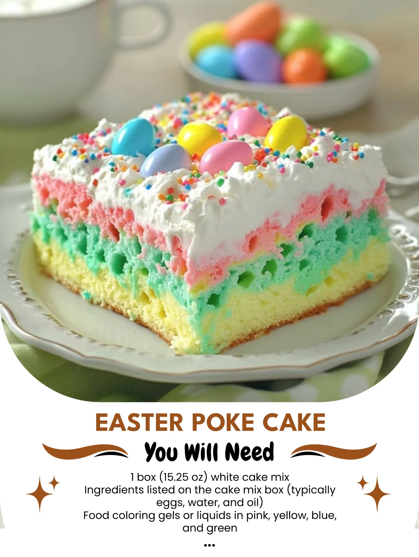 Easter Poke Cake topped with colorful frosting and festive decorations