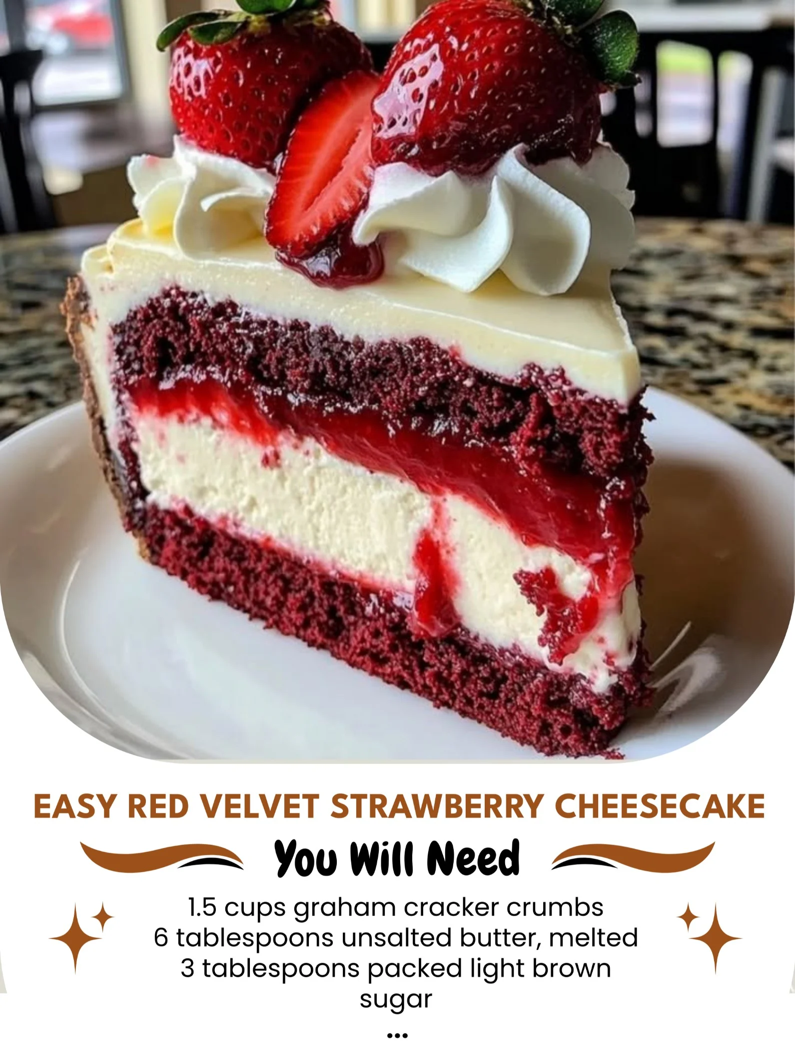 Slice of easy red velvet strawberry cheesecake topped with fresh strawberries
