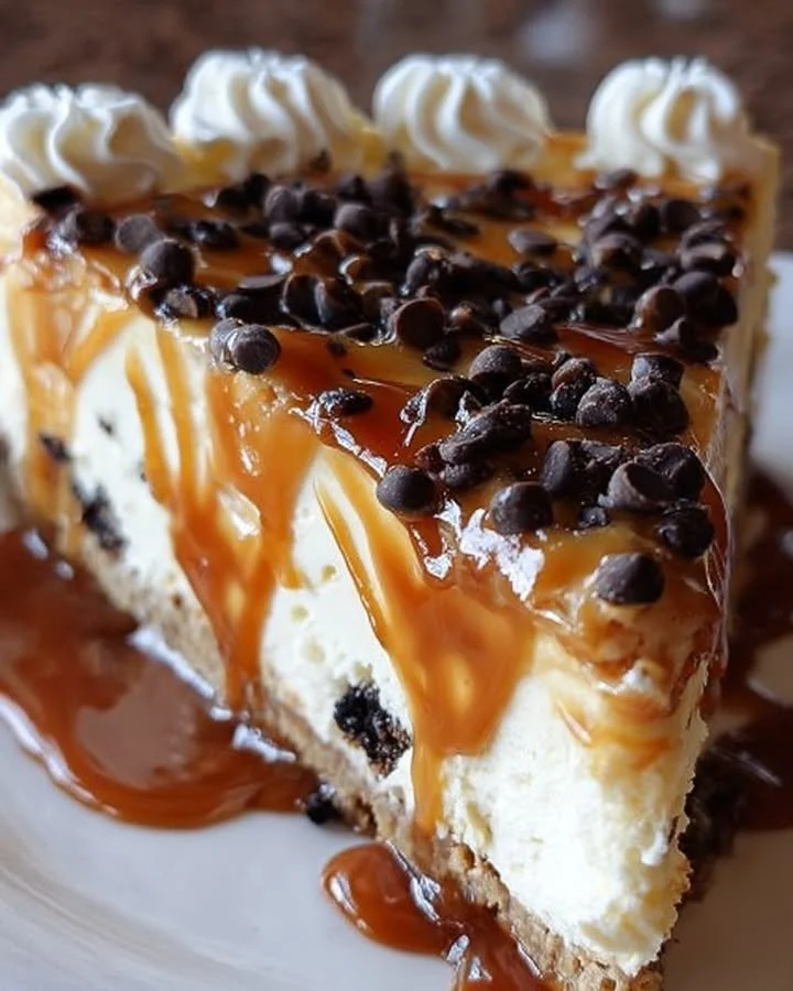Easy salted caramel chocolate chip cheesecake with rich toppings and a creamy texture