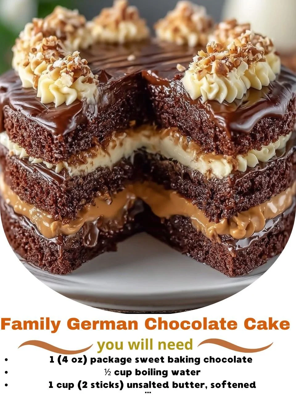 Delicious Family German Chocolate Cake with rich frosting and coconut topping.