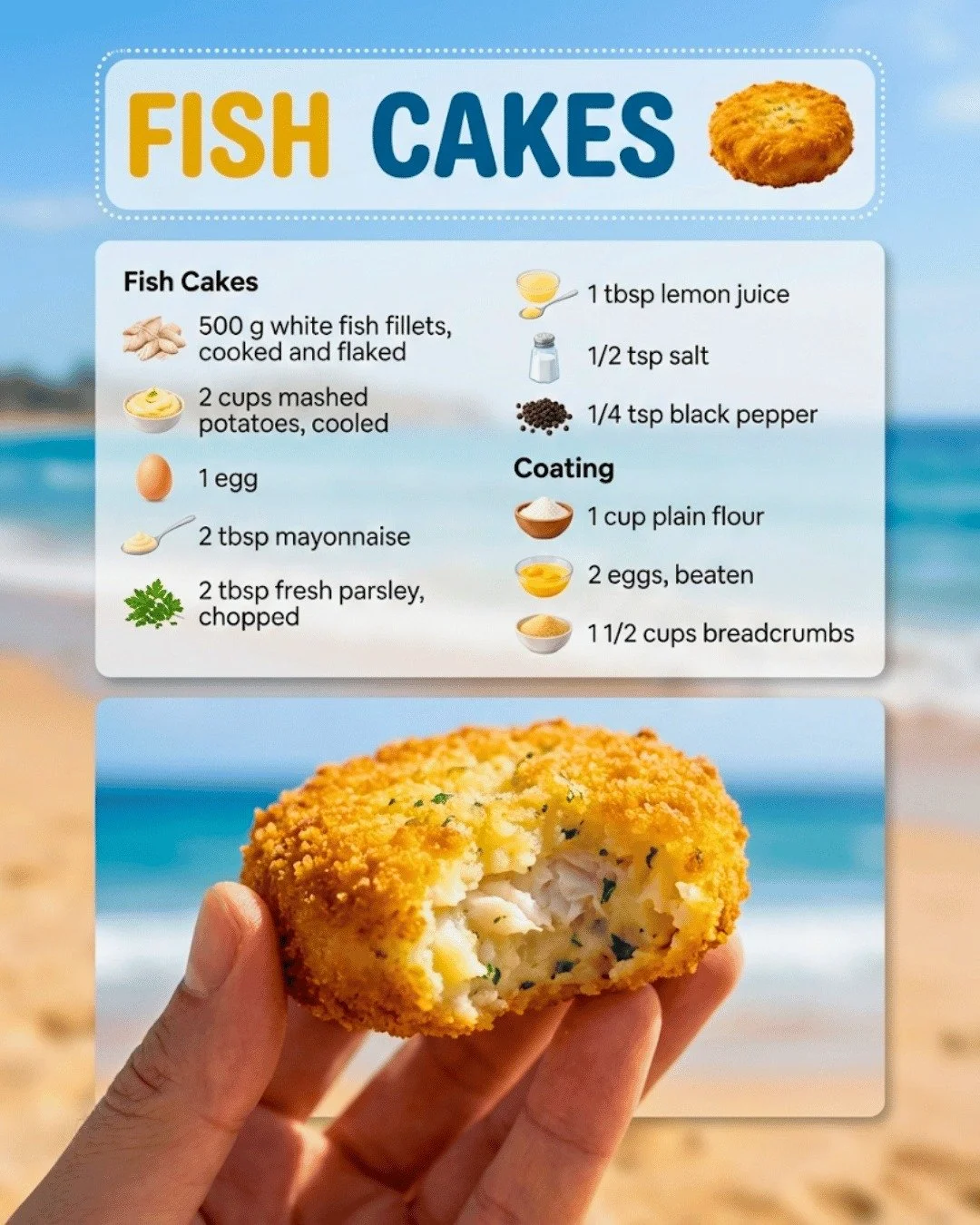 Plate of homemade fish cakes with tartar sauce and lemon wedges