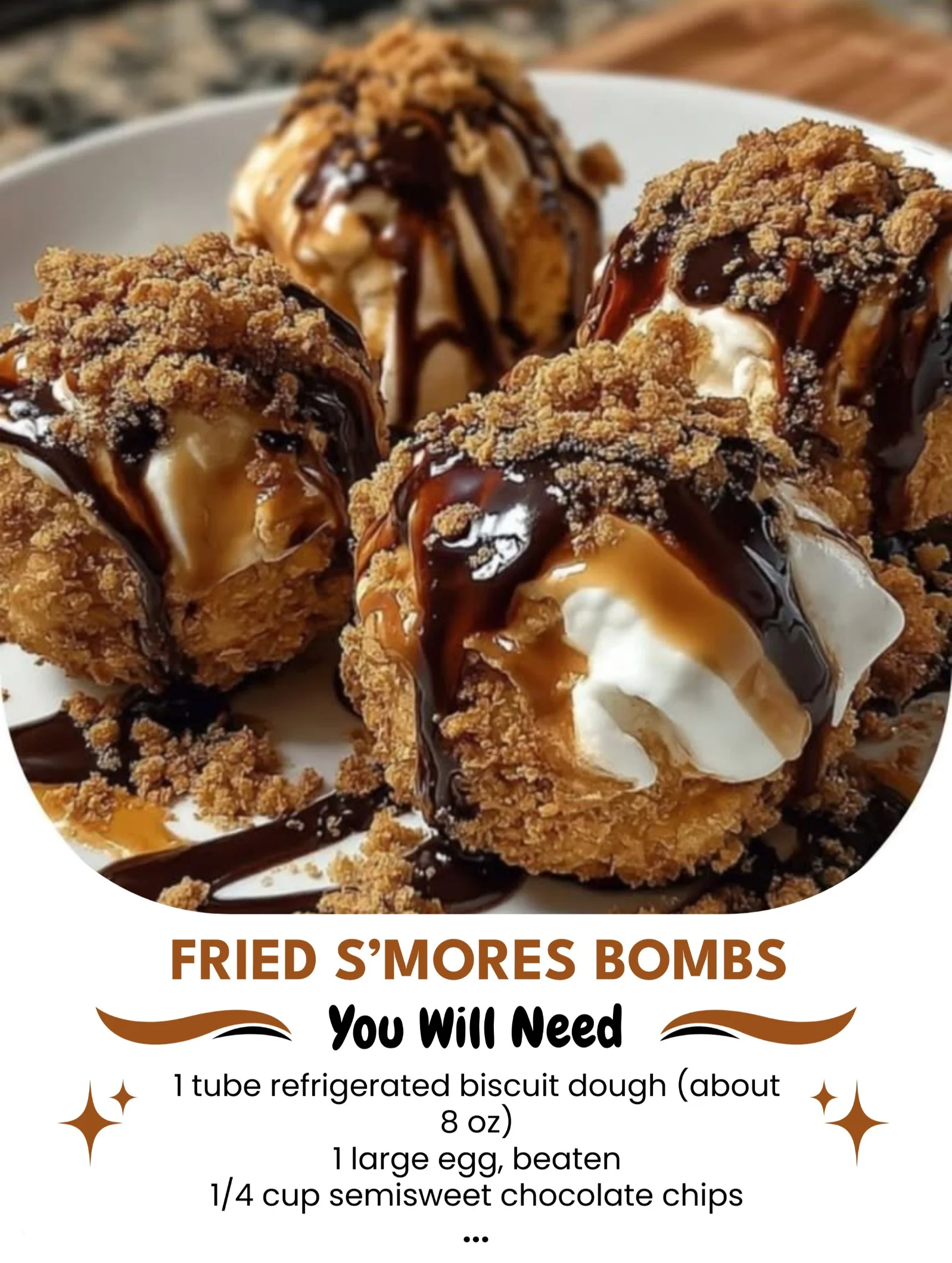 Fried S’mores Bombs with melted chocolate and marshmallows