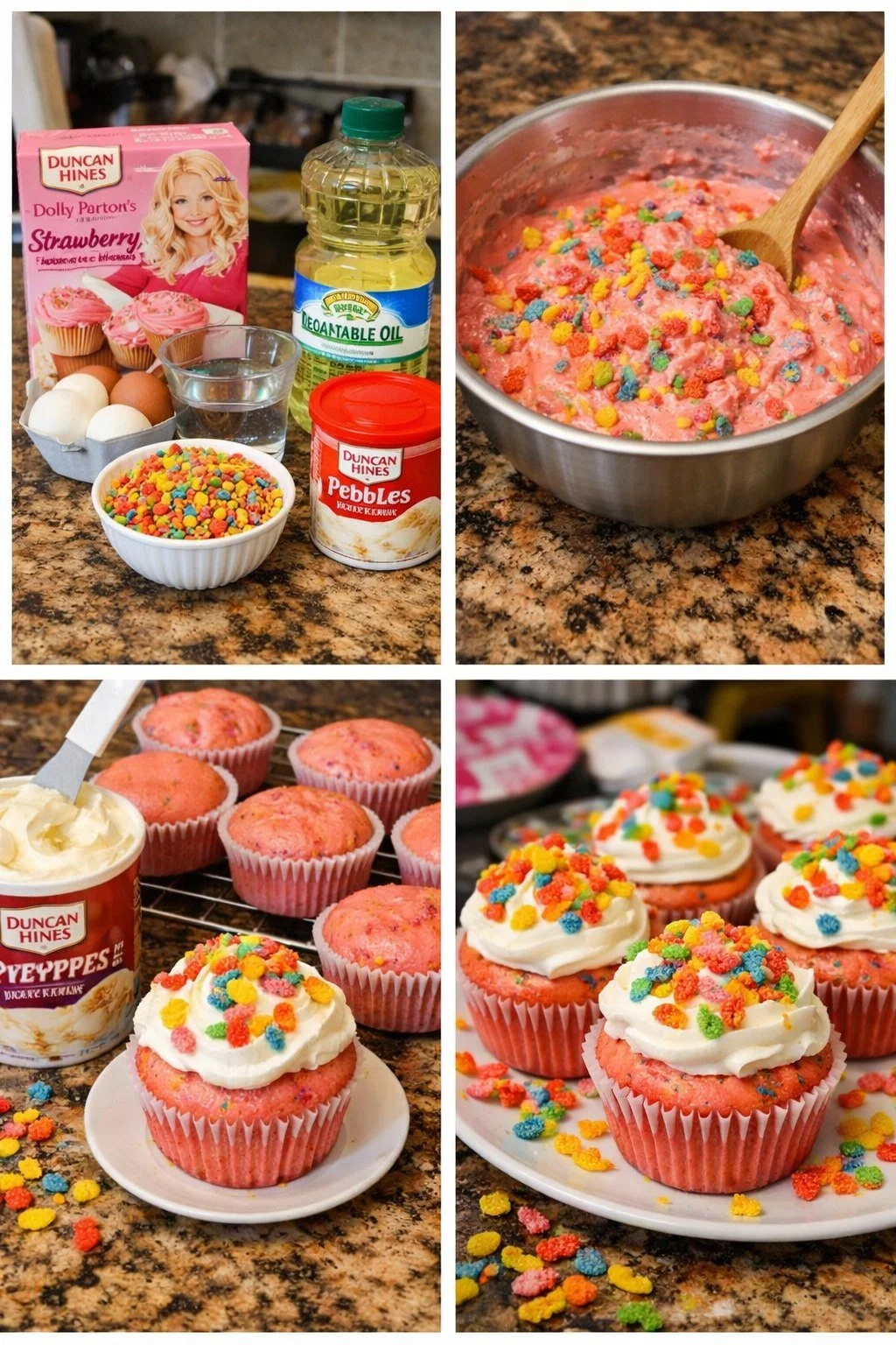 Fruity Pebbles topped strawberry cupcakes on a colorful background