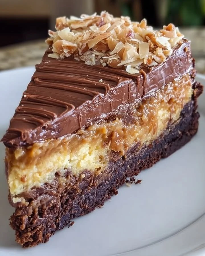 Delicious German Chocolate Brownie Cheesecake with coconut pecan topping