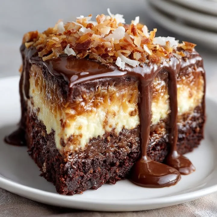 Delicious slice of German Chocolate Cheesecake topped with coconut and pecans.