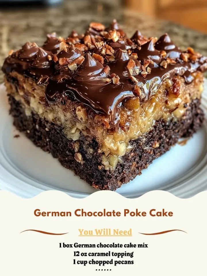 Delicious German Chocolate Poke Cake topped with coconut and pecan frosting