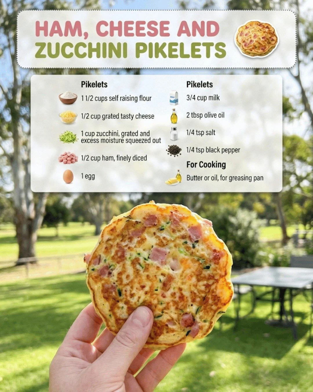Ham, Cheese and Zucchini Pikelets on a plate garnished with herbs