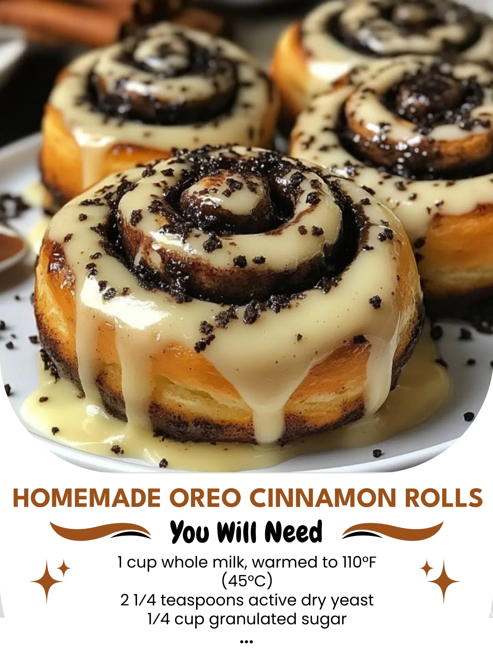 Delicious homemade Oreo cinnamon rolls fresh out of the oven.
