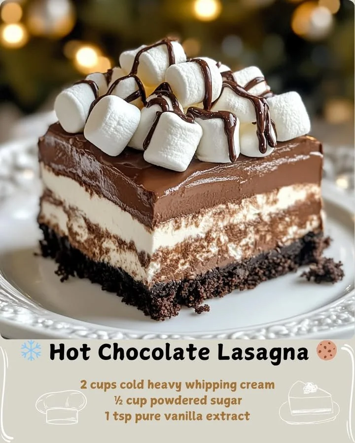 Delicious hot chocolate lasagna dessert layered with chocolate and whipped cream