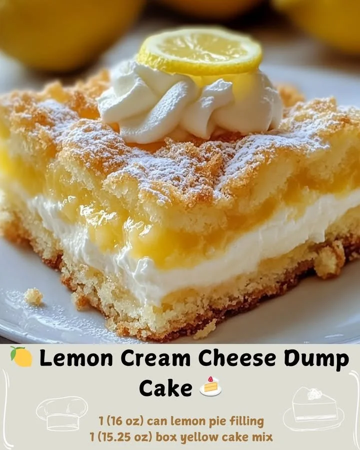 Delicious lemon cream cheese dump cake with a golden crust and creamy topping.