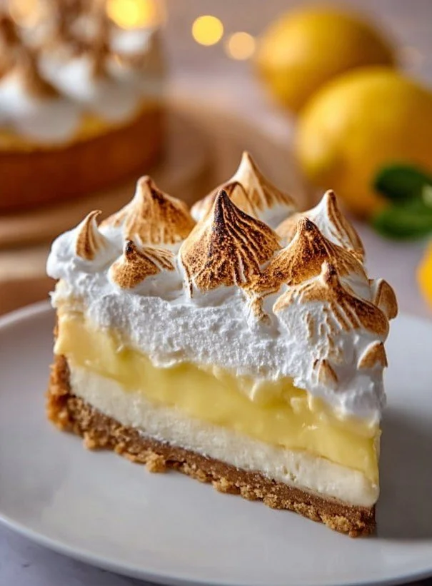 Slice of Lemon Meringue Cheesecake with meringue topping on a dessert plate