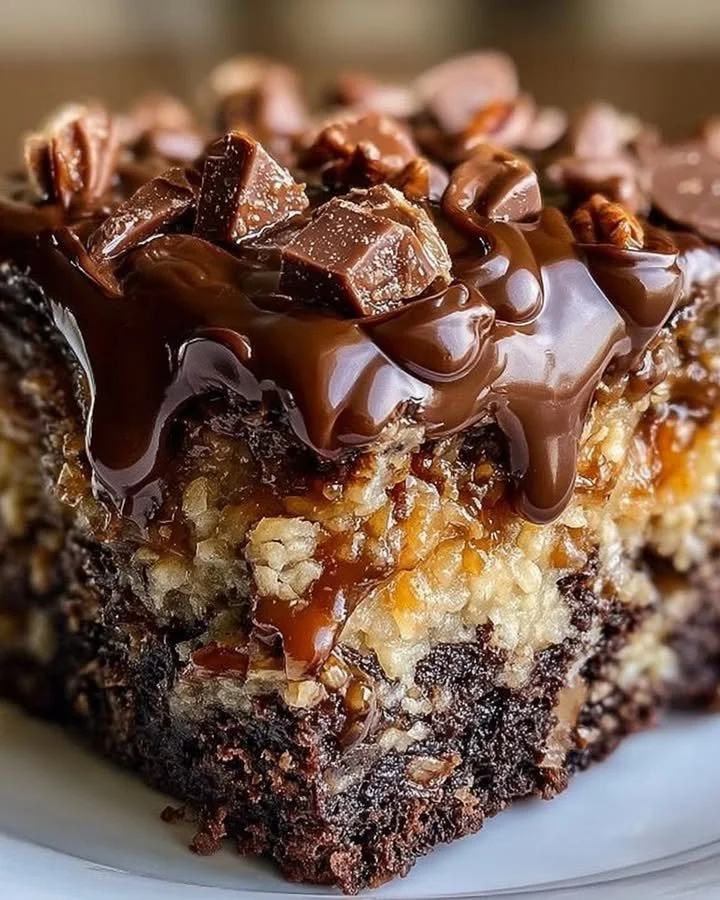 Luxurious German chocolate poke cake topped with creamy frosting and chocolate shavings.