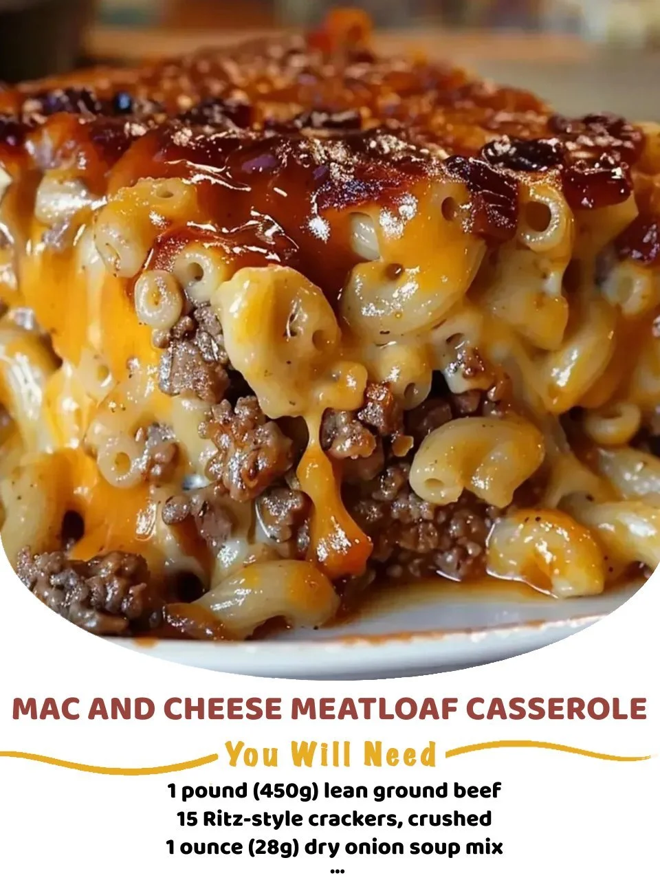 A delicious Mac and Cheese Meatloaf Casserole topped with melted cheese.