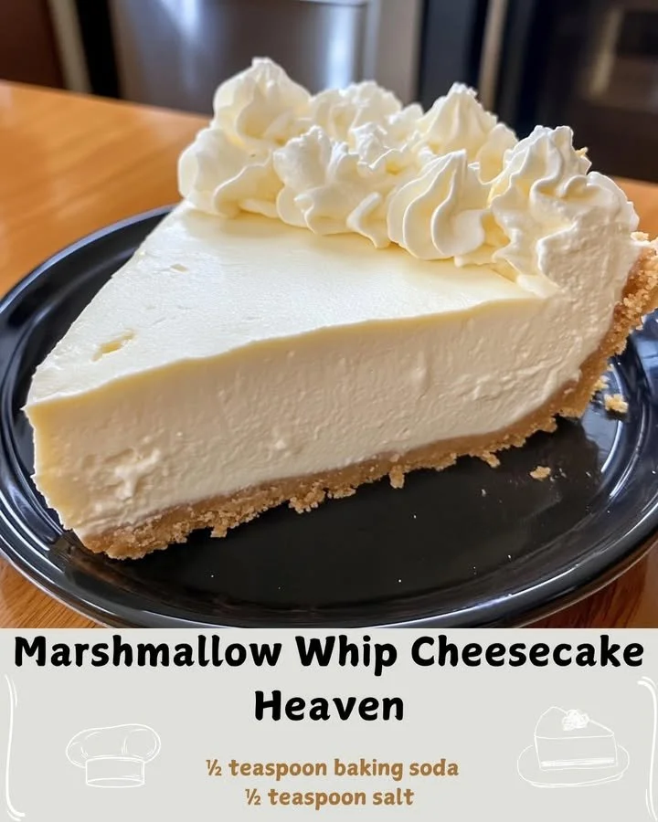 Delicious Marshmallow Whip Cheesecake topped with fluffy marshmallow cream