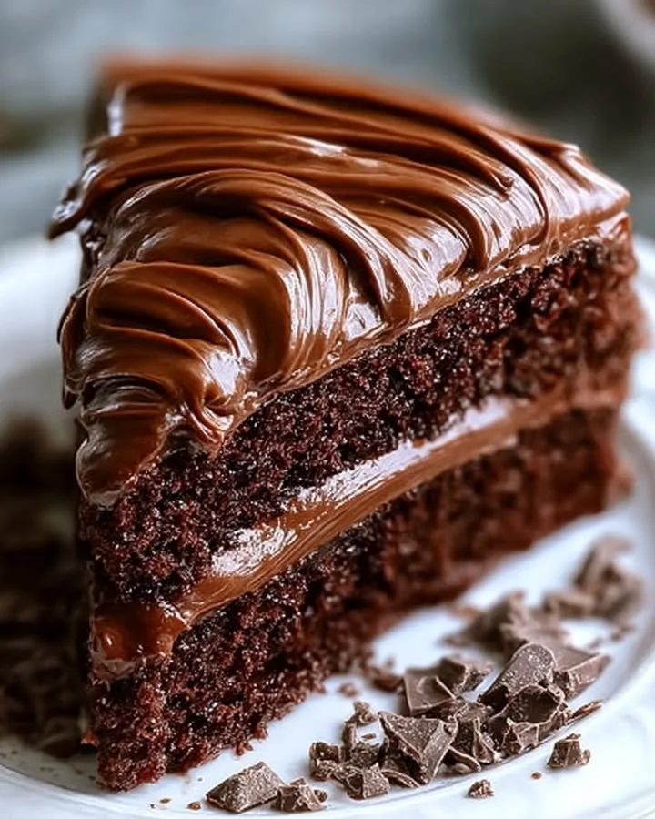 Moist and delicious chocolate cake topped with chocolate frosting and sprinkles.