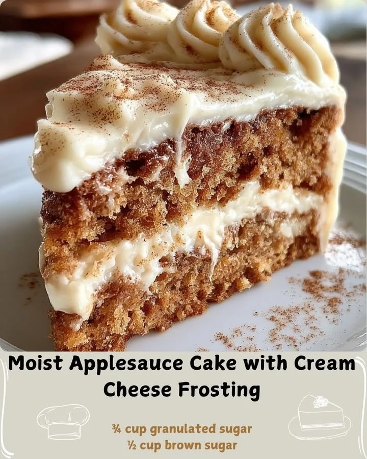 Moist applesauce cake with cream cheese frosting on a plate
