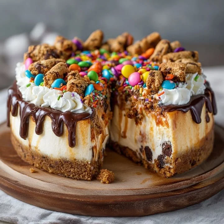 A slice of Monster Cookie Cheesecake topped with colorful cookies and chocolate chips.