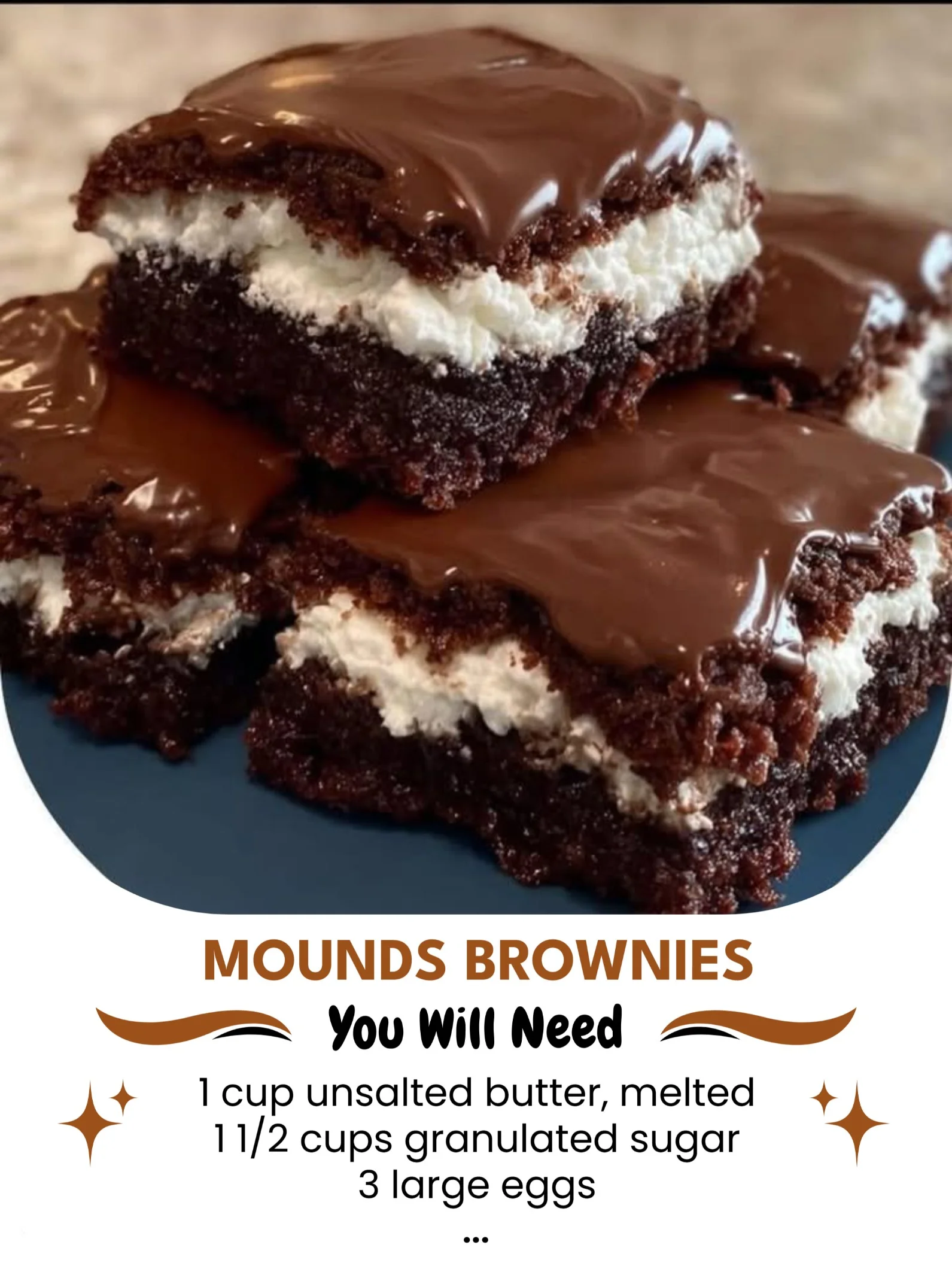Decadent Mounds Brownies topped with chocolate and coconut flakes.
