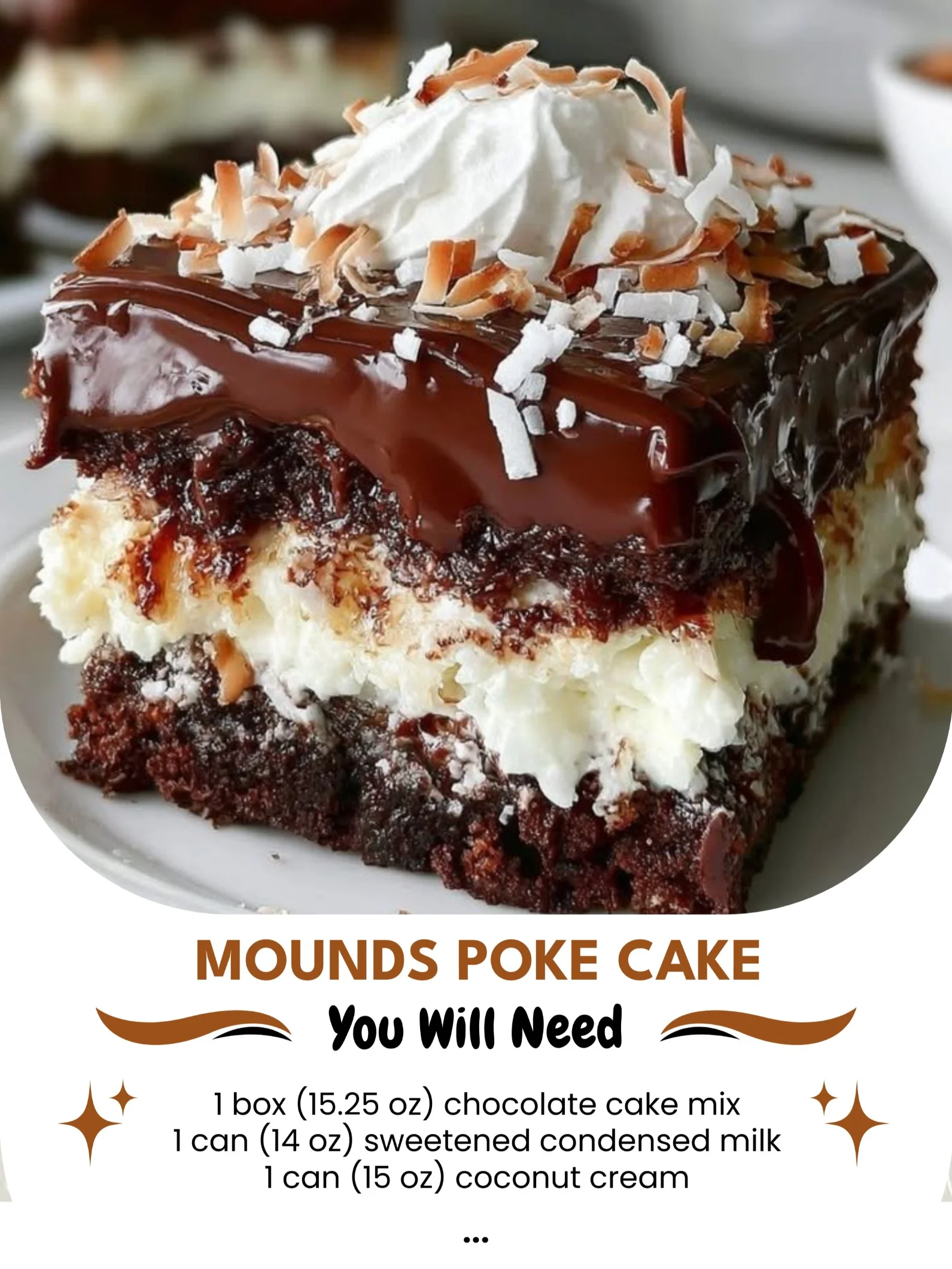 Mounds Poke Cake topped with chocolate and coconut, a delicious dessert recipe