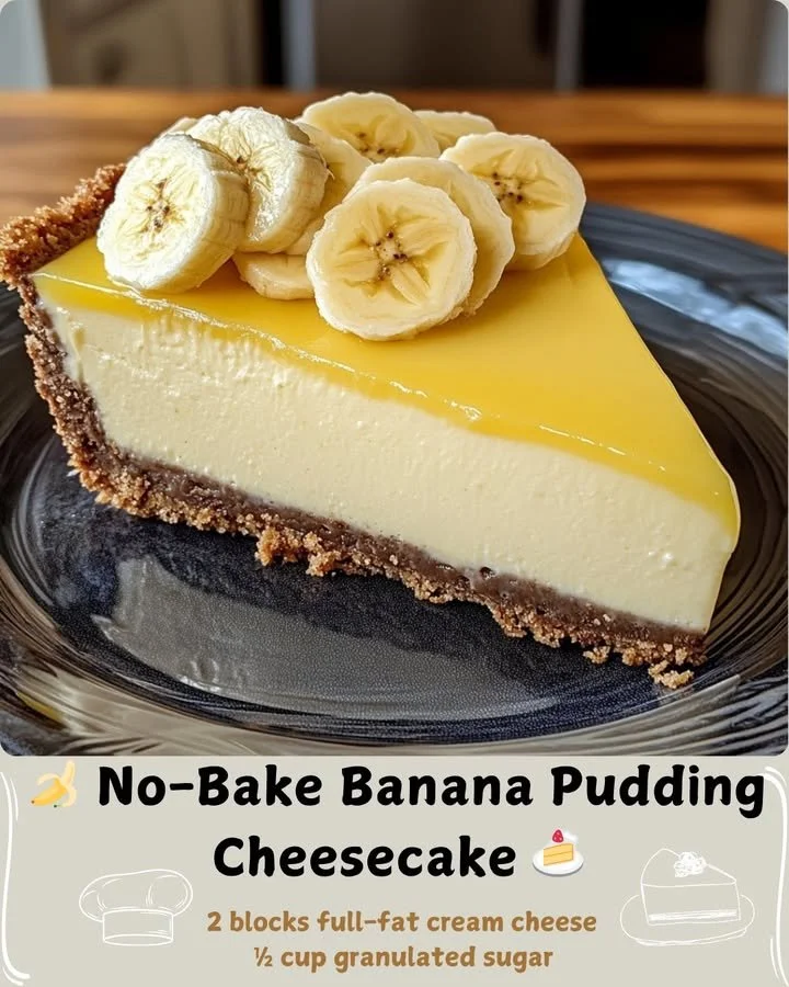 Delicious no-bake banana pudding cheesecake topped with banana slices and whipped cream.
