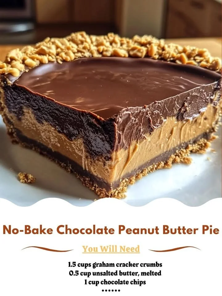 No-bake chocolate peanut butter pie topped with chocolate shavings and peanuts