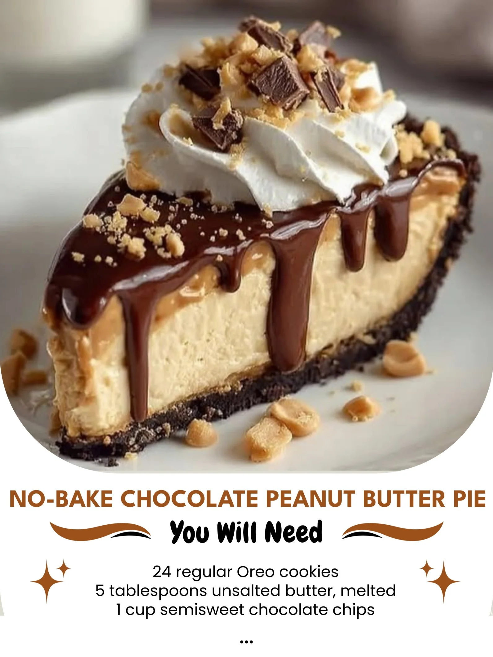 No-bake chocolate peanut butter pie with a creamy filling and chocolate drizzle.