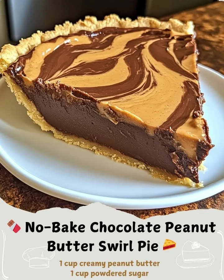 No-bake chocolate peanut butter swirl pie with a creamy topping and chocolate drizzle