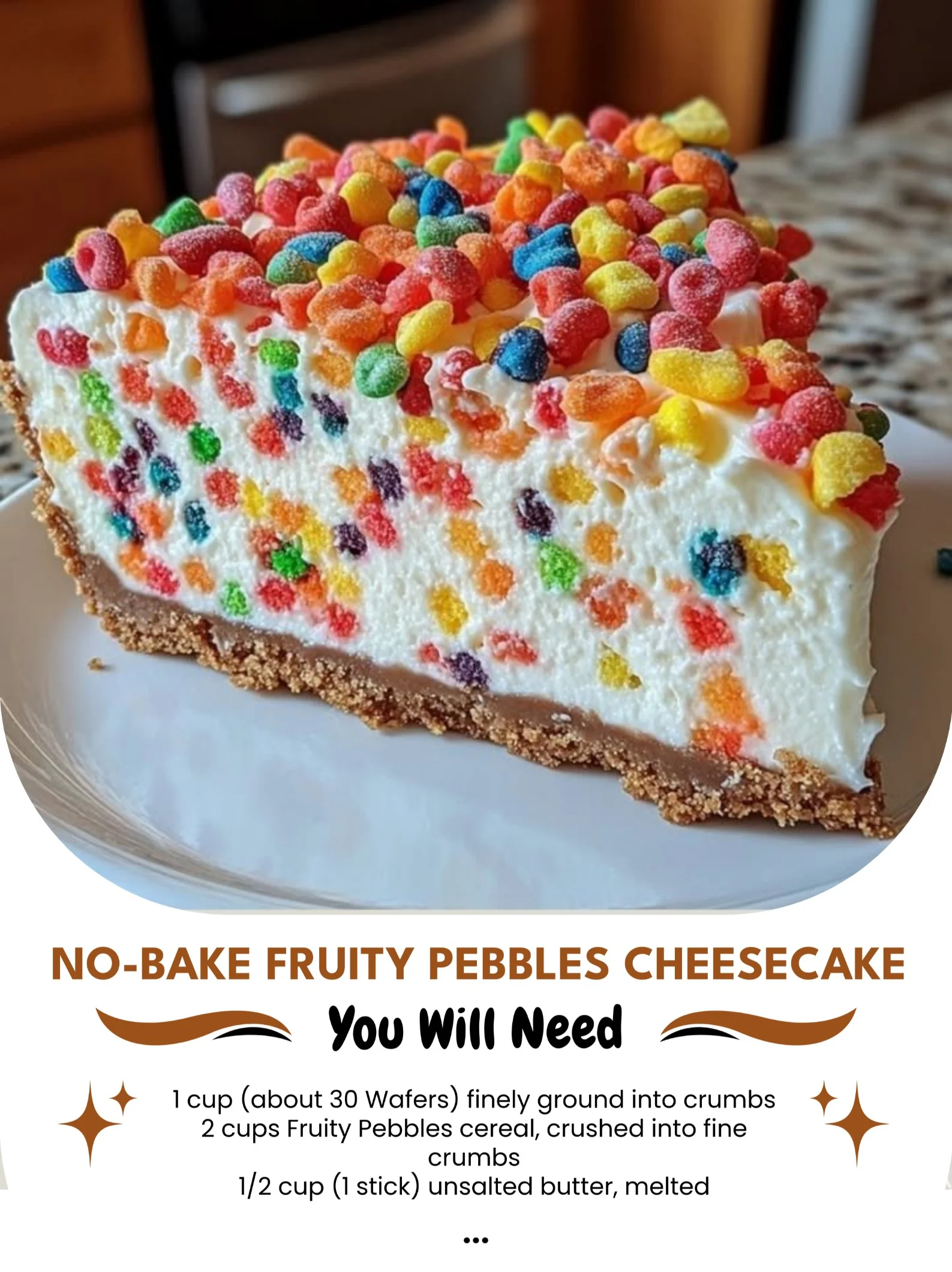 No-Bake Fruity Pebbles Cheesecake topped with colorful cereal and whipped cream.