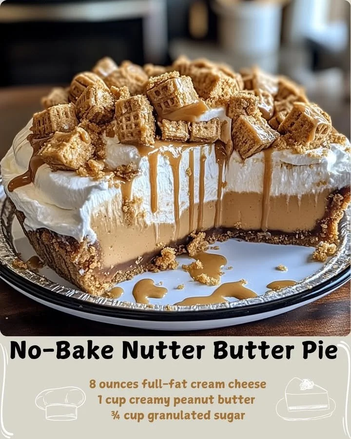 No-Bake Nutter Butter Pie topped with whipped cream and crushed nuts