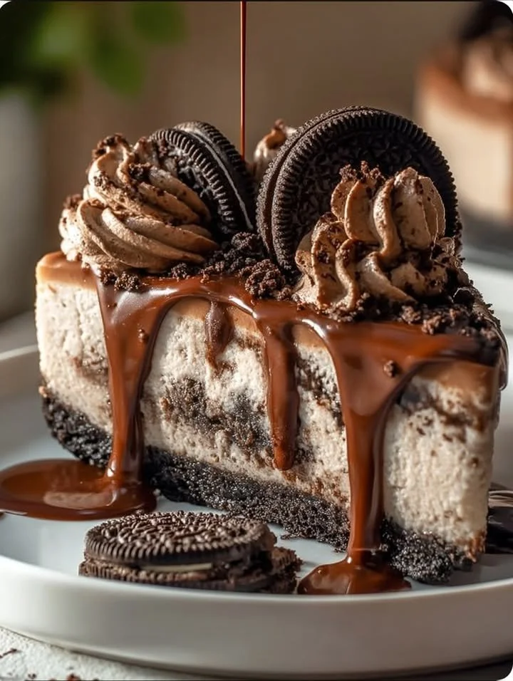 No-Bake Oreo Cheesecake topped with rich chocolate frosting on a plate.