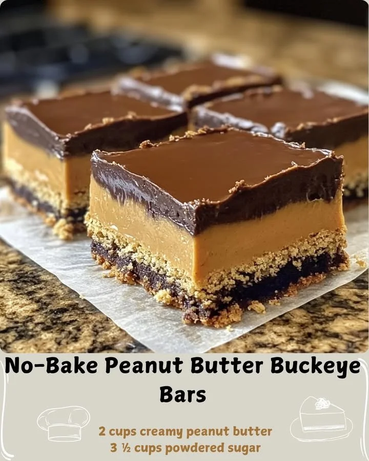 Delicious No-Bake Peanut Butter Buckeye Bars drizzled with chocolate.