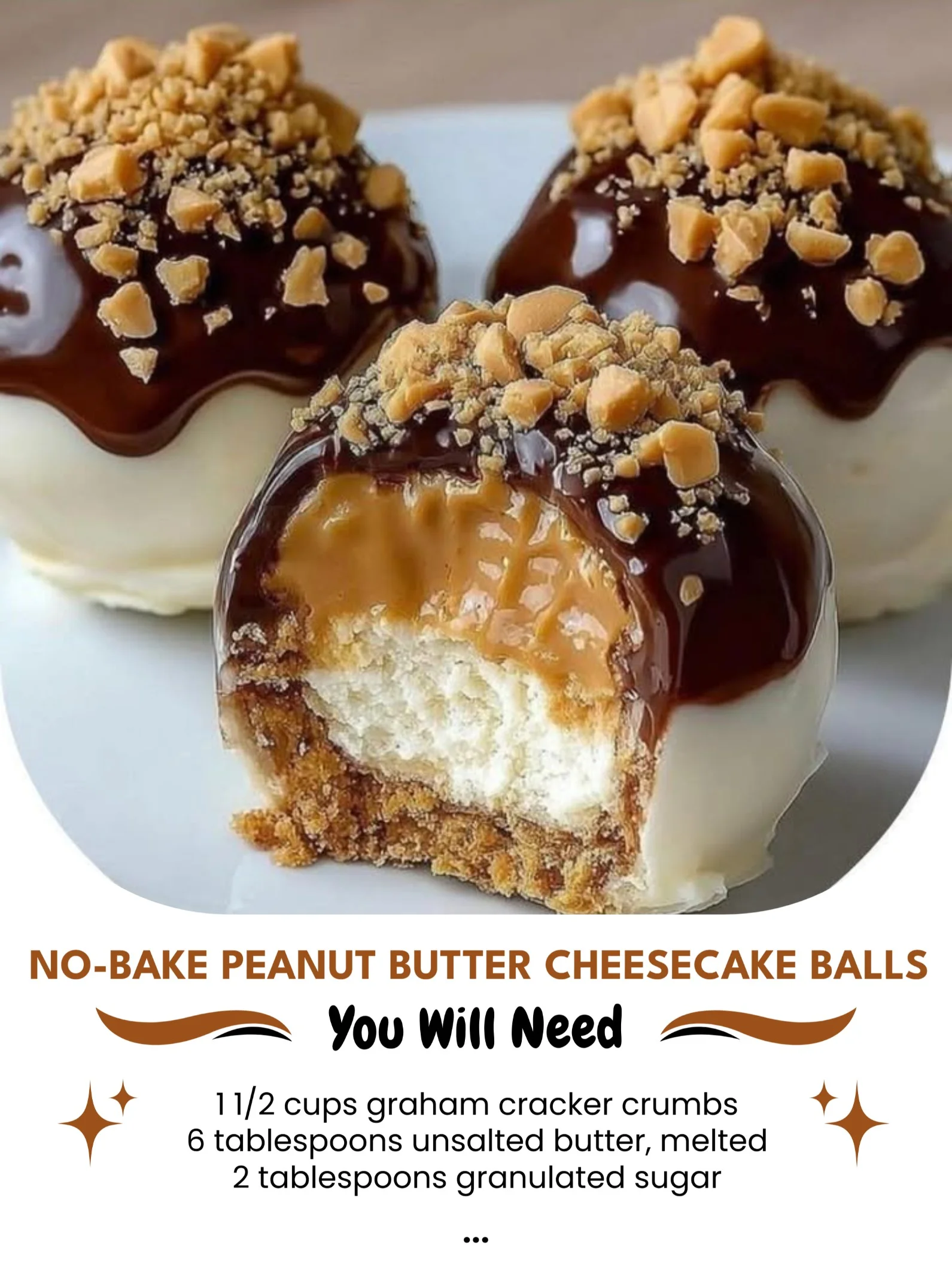 Delicious no-bake peanut butter cheesecake balls garnished with chocolate