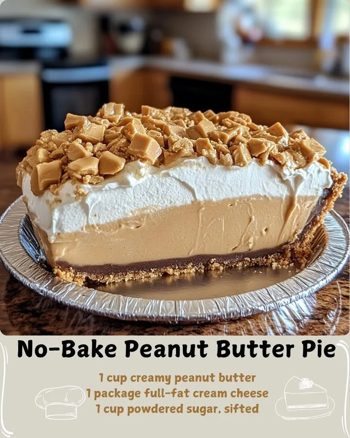 Delicious no-bake peanut butter pie topped with whipped cream and chocolate.