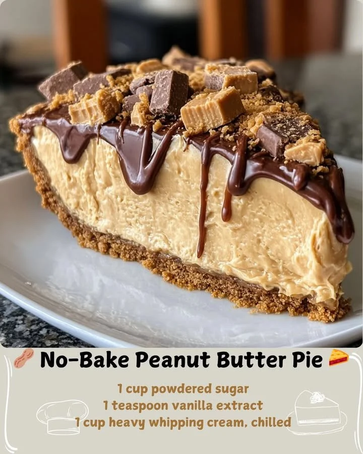 No-bake peanut butter pie topped with chocolate and crushed peanuts